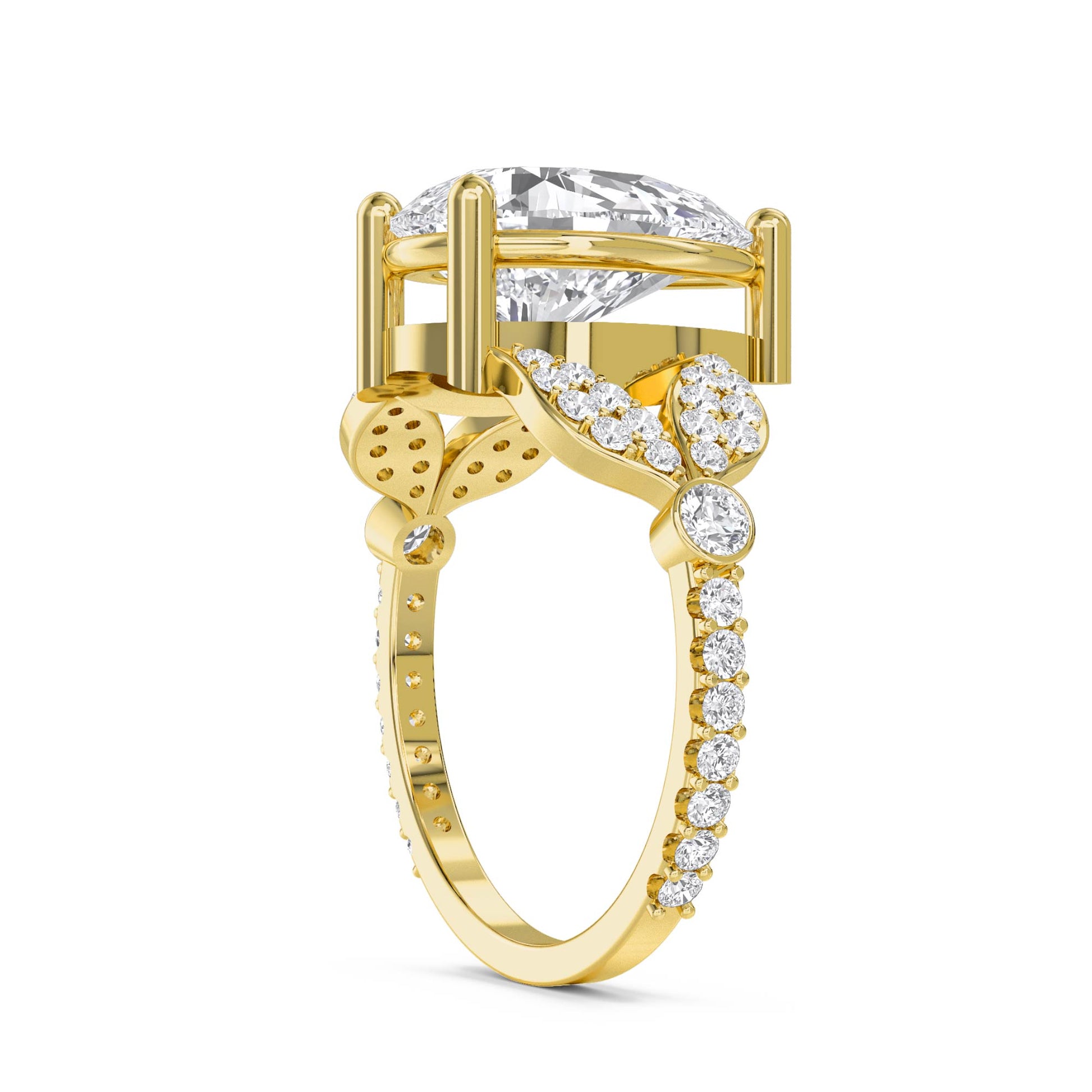 Pear Cut Diamond Ring with Diamond Leaf Shoulders - Yellow Gold - Pose 2