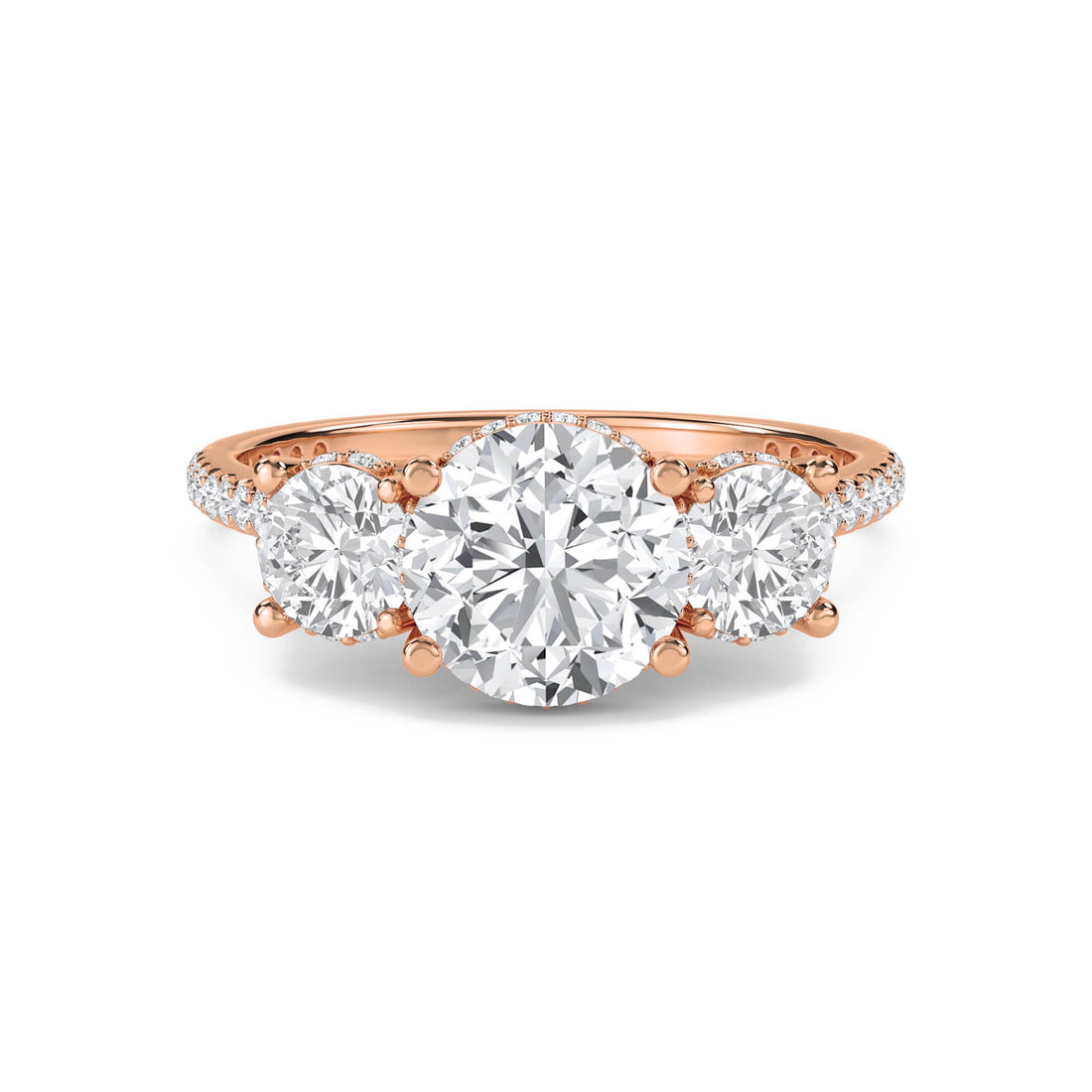 Round Diamond Three Stone Ring with Pavé Band