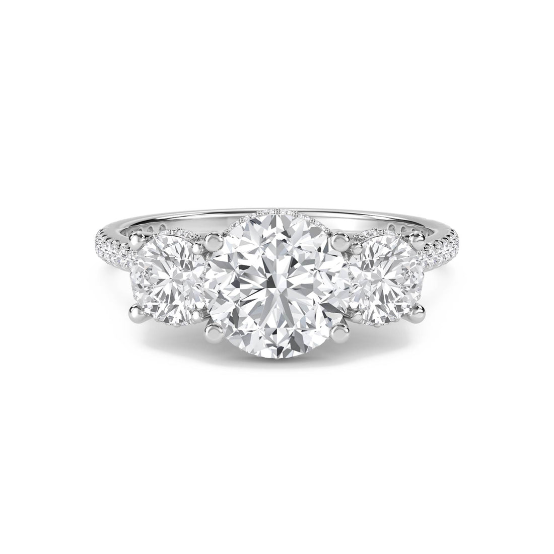 Round Diamond Three Stone Ring with Pavé Band (Silver) - image 1