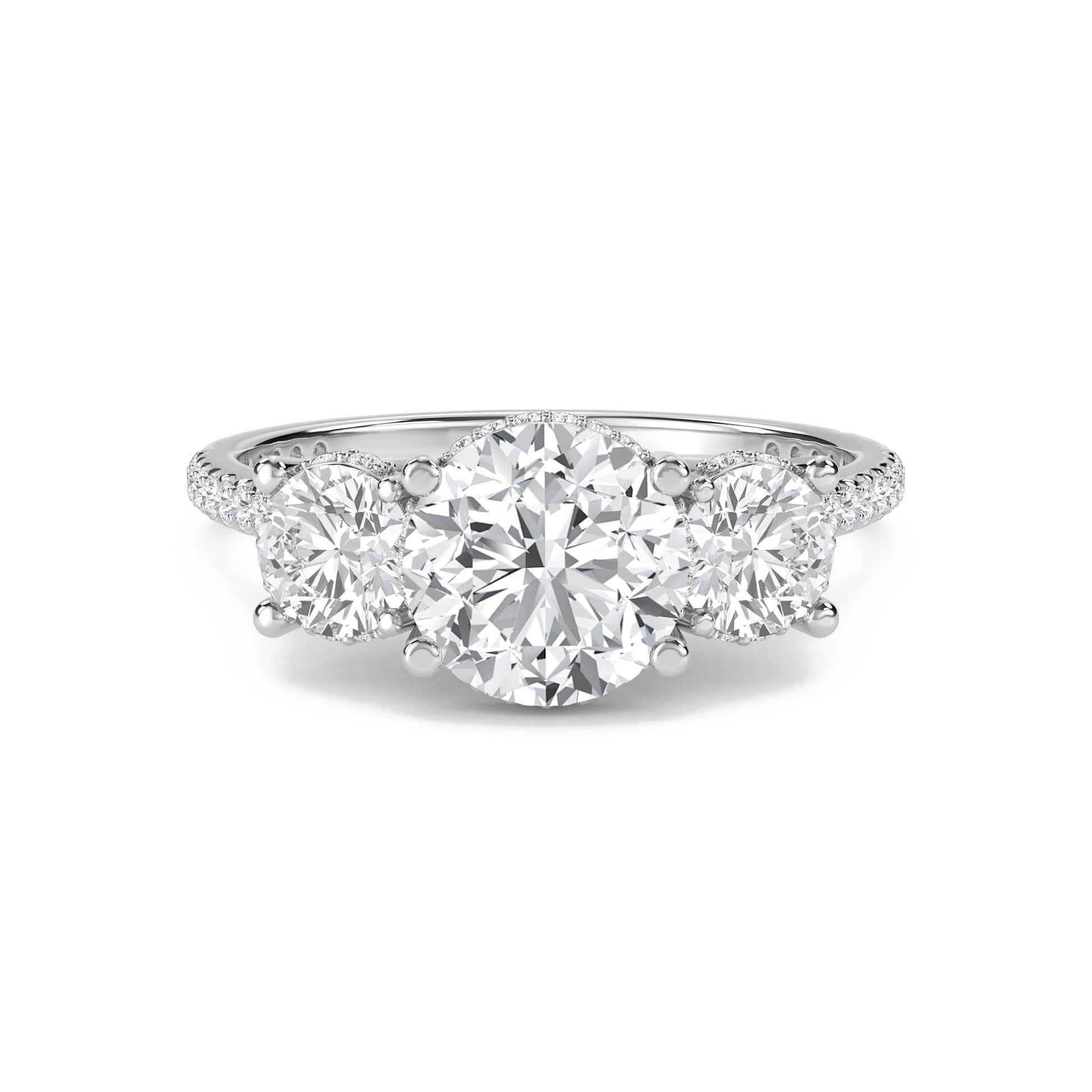 Round Diamond Three Stone Ring with Pavé Band (Silver) - image 1