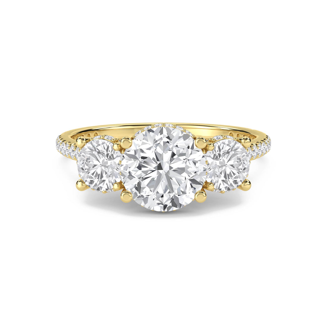 Round Diamond Three Stone Ring with Pavé Band - image 1