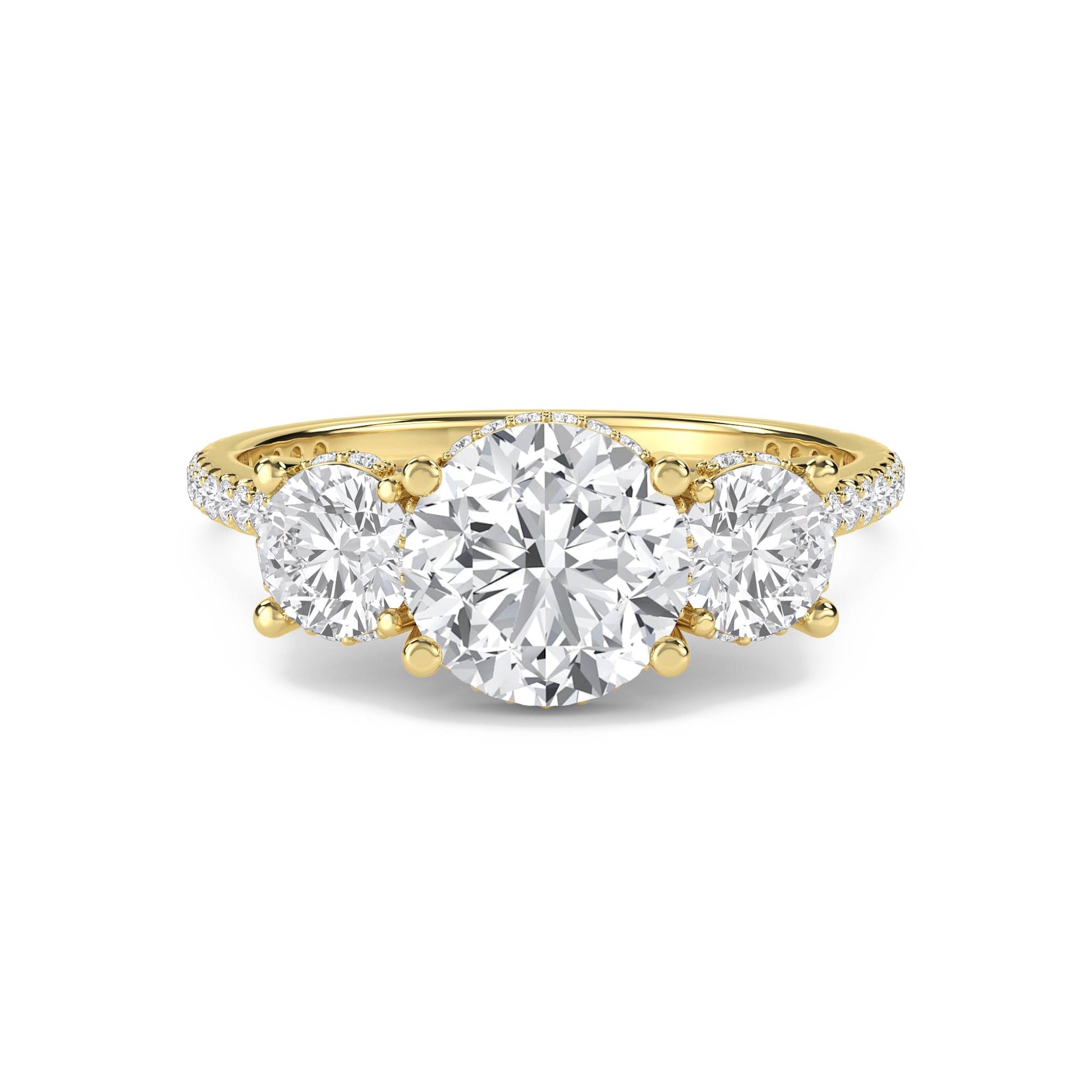 Round Diamond Three Stone Ring with Pavé Band - image 1