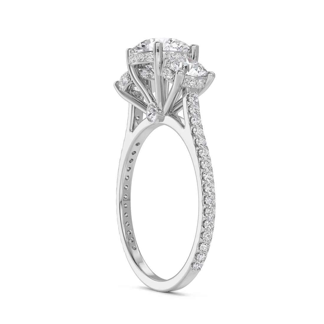 Round Diamond Three Stone Ring with Pavé Band (Silver) - image 1