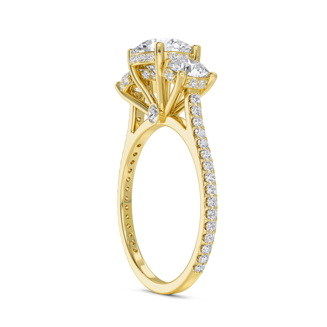 Round Diamond Three Stone Ring with Pavé Band