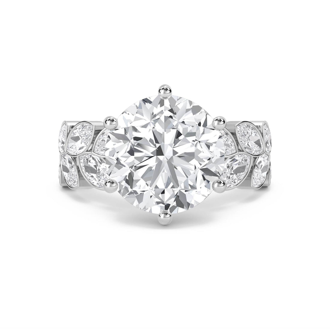 Round Diamond Ring with Marquise Leaf Shoulders (Silver) - image 1