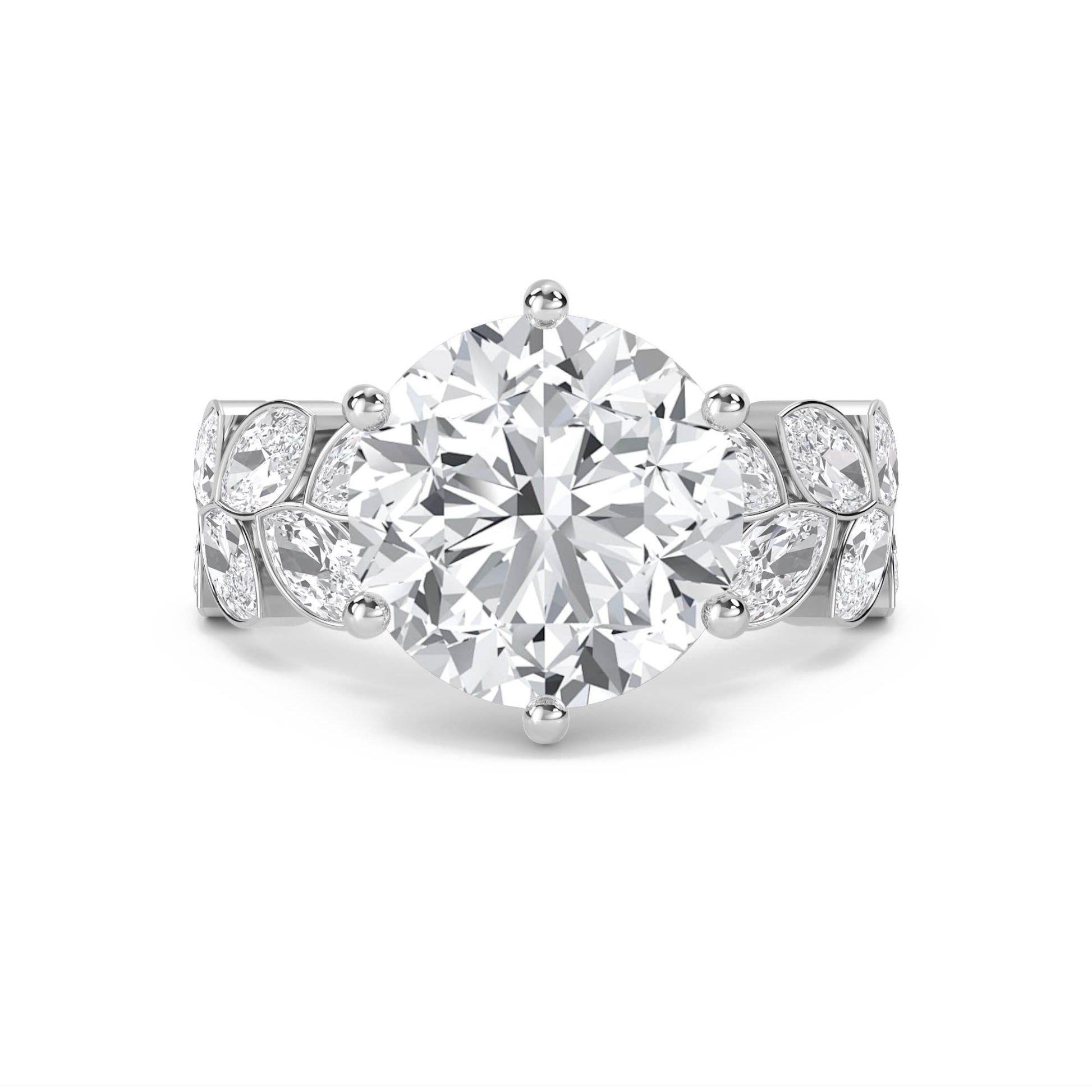 Round Diamond Ring with Marquise Leaf Shoulders (Silver) - image 1