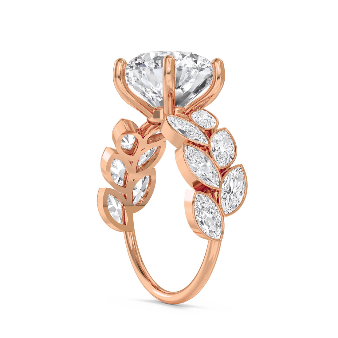 Round Diamond Ring with Marquise Leaf Shoulders