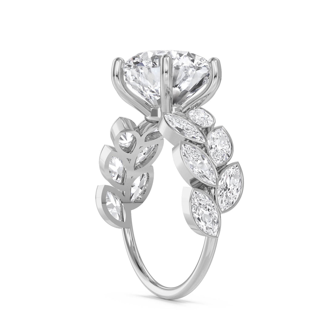 Round Diamond Ring with Marquise Leaf Shoulders (Silver) - image 1