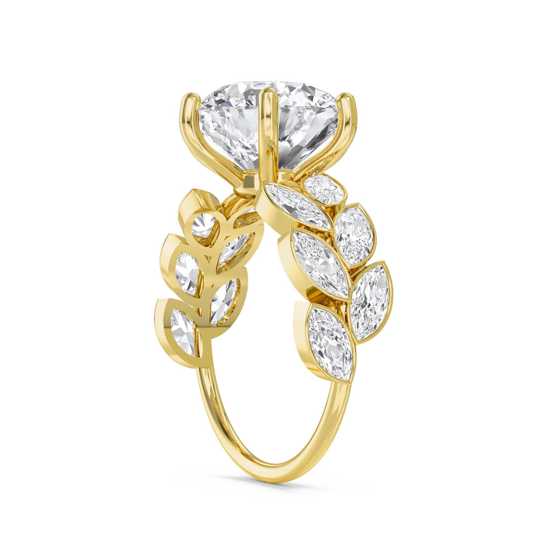 Round Diamond Ring with Marquise Leaf Shoulders