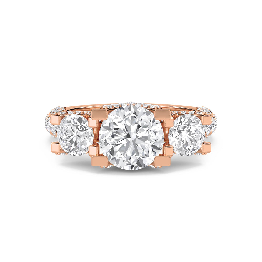 Round Diamond Three Stone Ring with Architectural Prongs