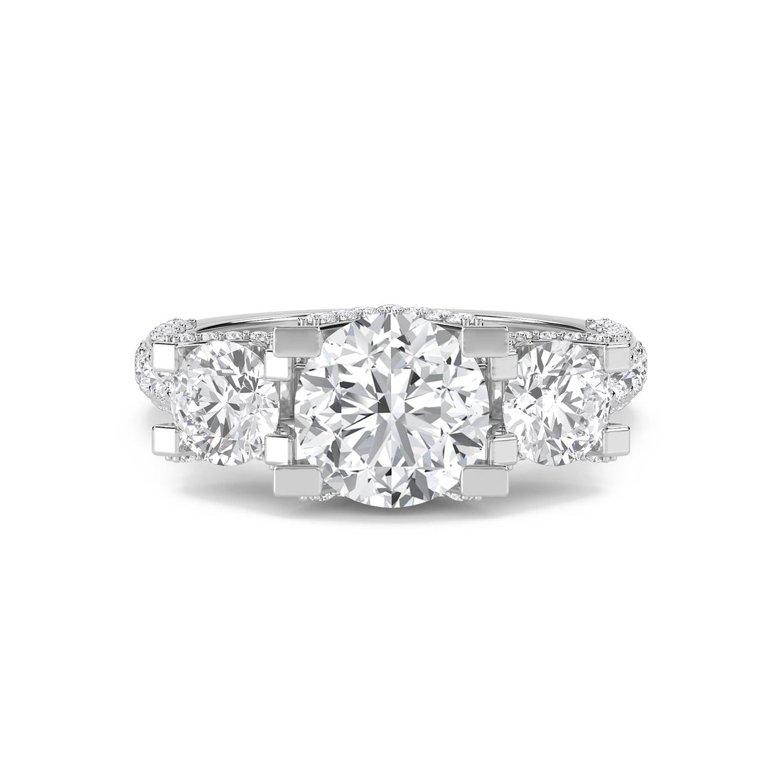 Round Diamond Three Stone Ring with Architectural Prongs (Silver) - image 1