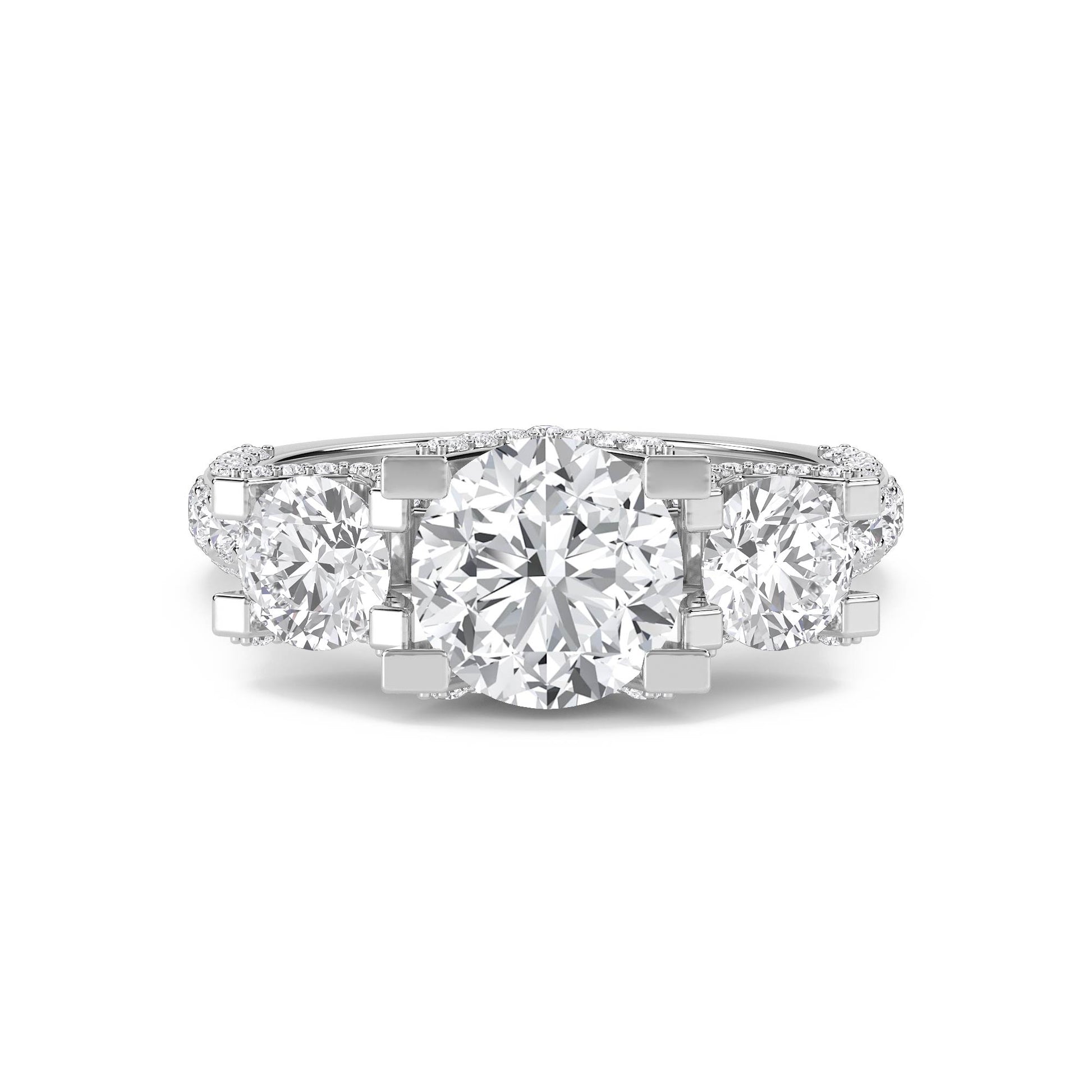 Round Diamond Three Stone Ring with Architectural Prongs (Silver) - image 1