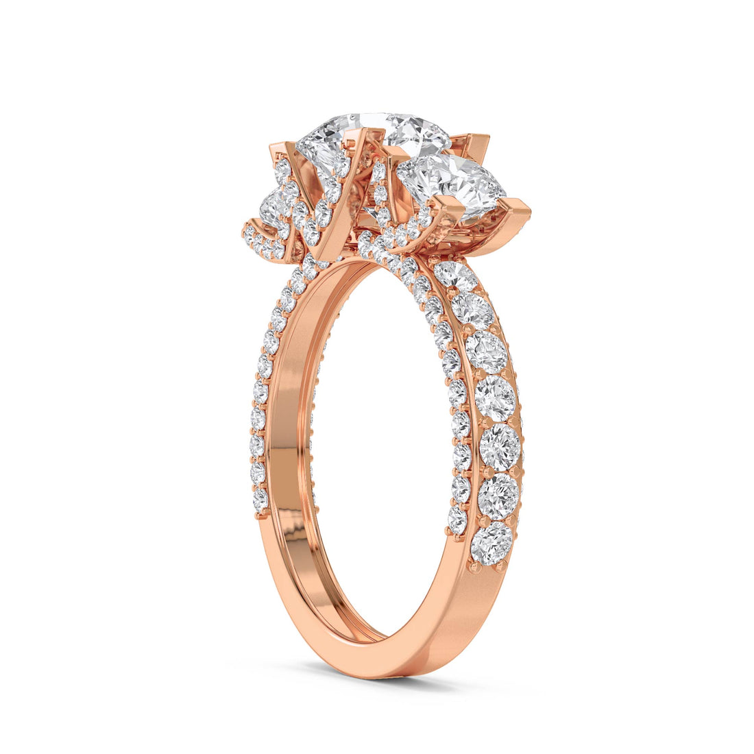 Round Diamond Three Stone Ring with Architectural Prongs