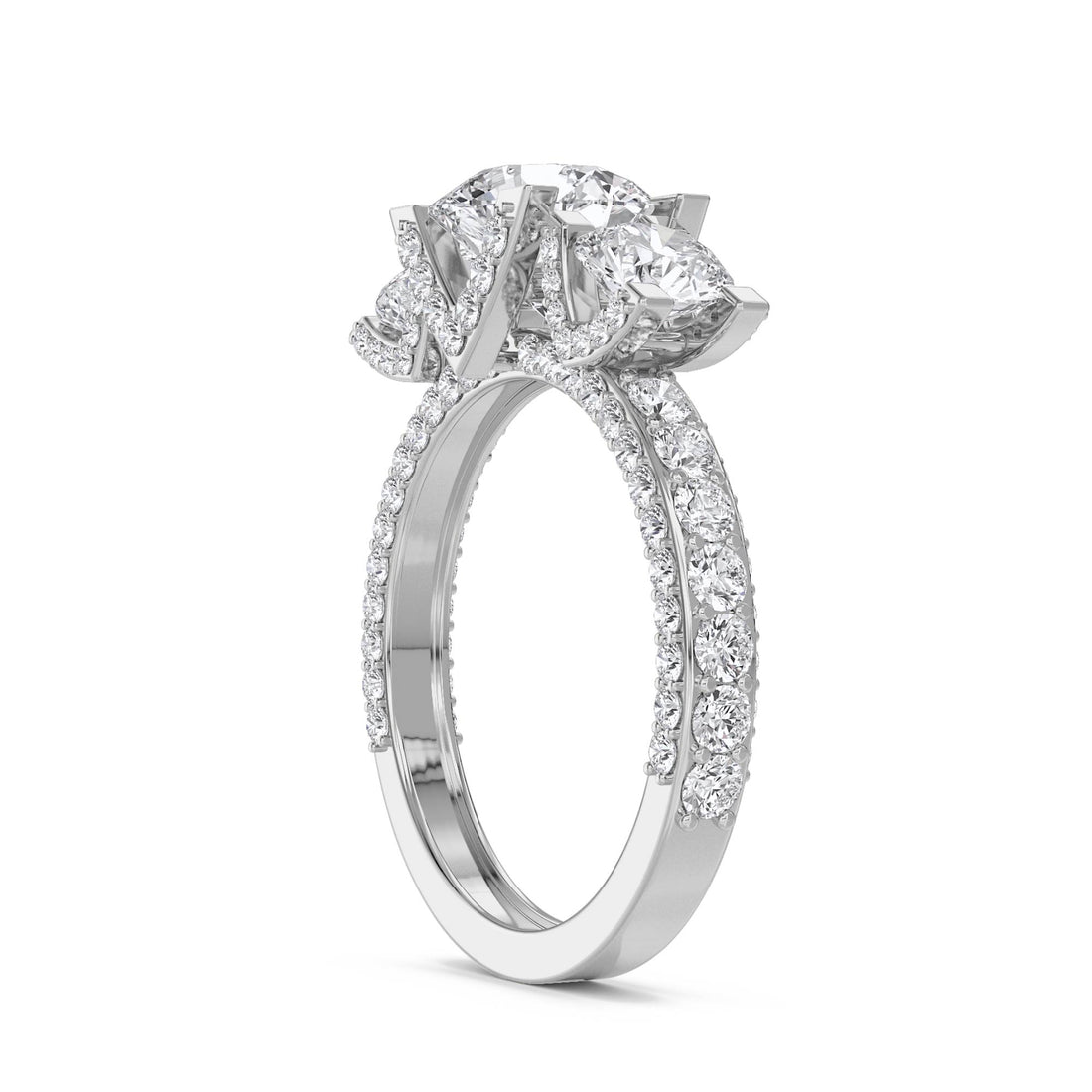 Round Diamond Three Stone Ring with Architectural Prongs (Silver) - image 1
