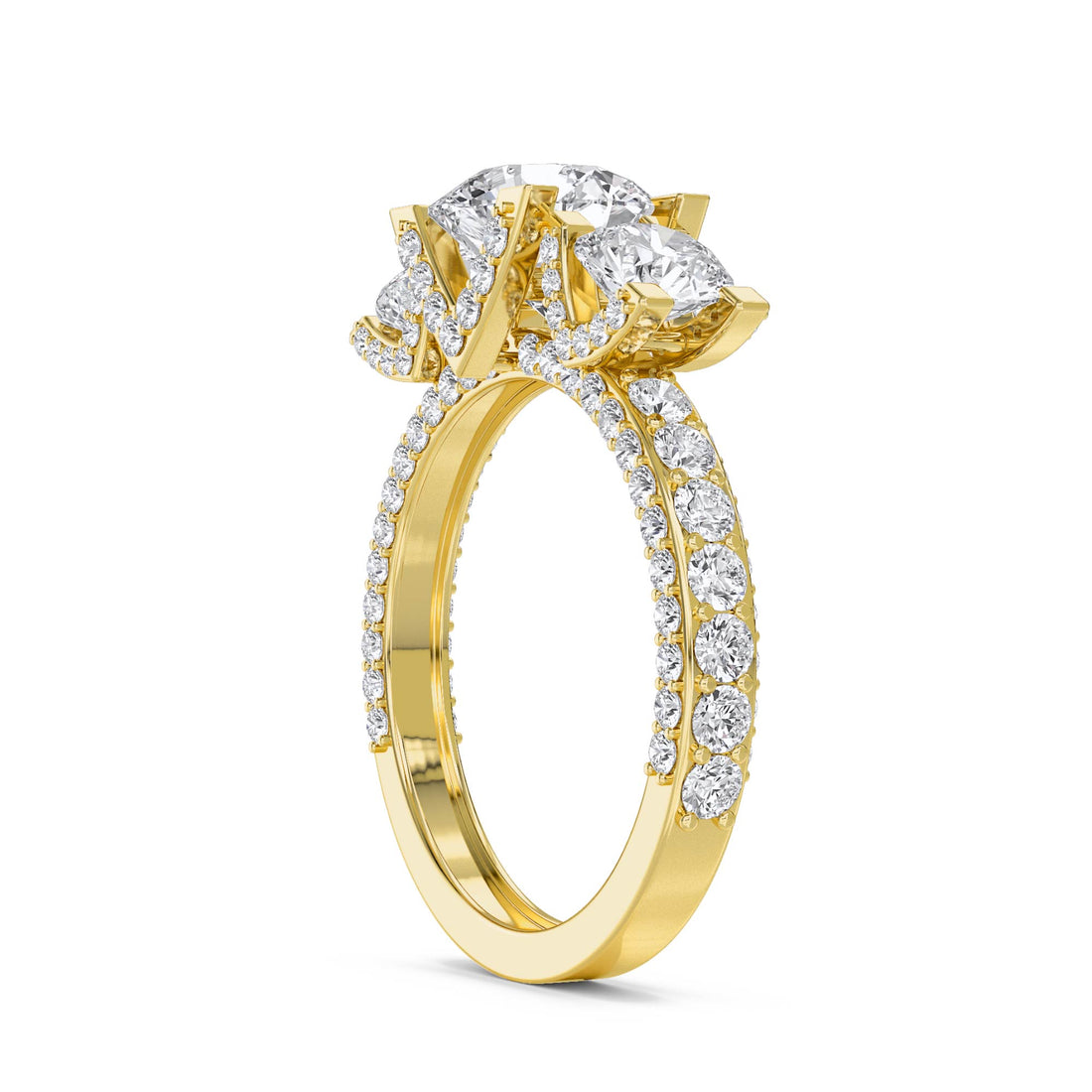 Round Diamond Three Stone Ring with Architectural Prongs