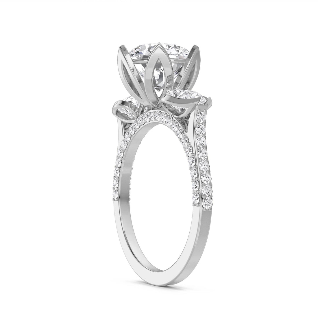 Round Diamond Ring with Pear-Shaped Diamond Accents (Silver)