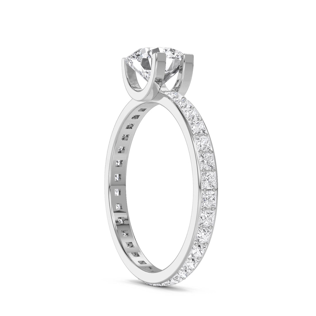 Round Diamond Ring with Princess-Cut Pavé Eternity Band (Silver)