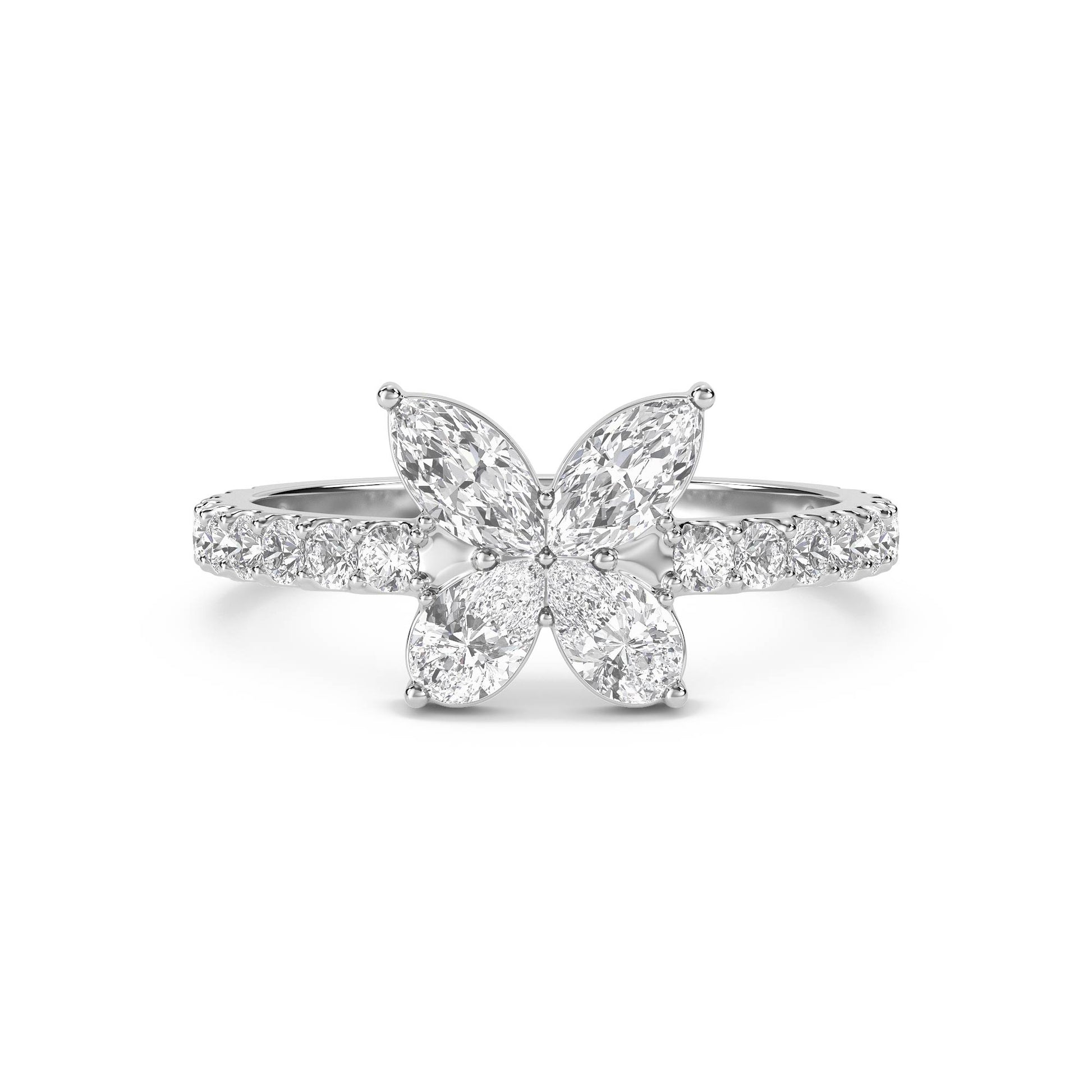 Flower Cluster Ring with Marquise Petals - White Gold - Pose 1