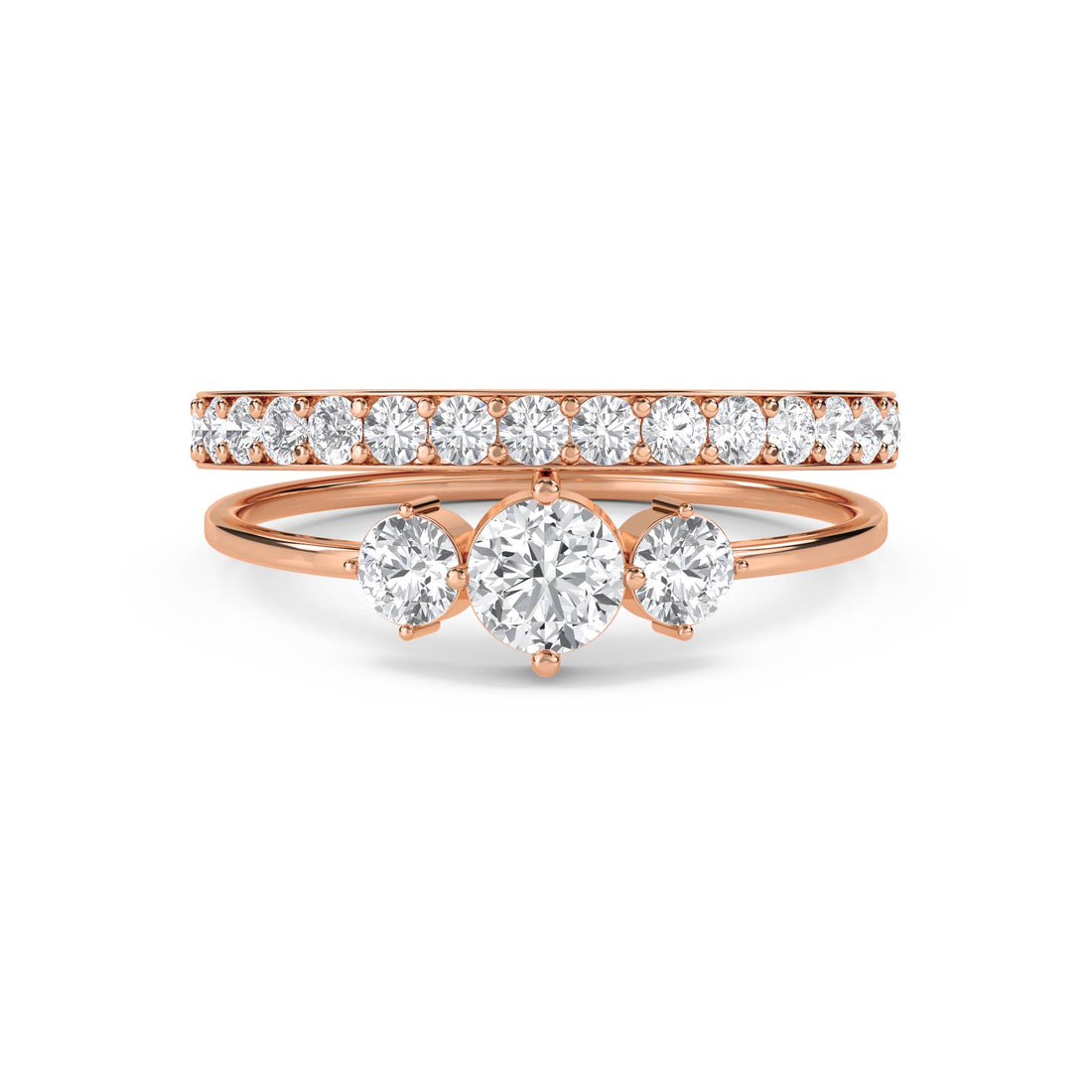 Three Stone Diamond Ring with Diamond Band - Rose Gold - Pose 1
