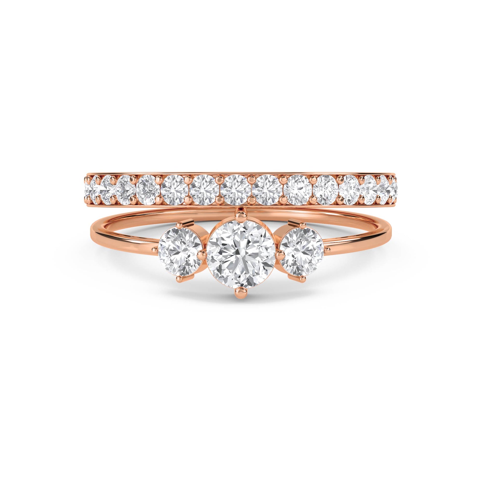 Three Stone Diamond Ring with Diamond Band - Rose Gold - Pose 1