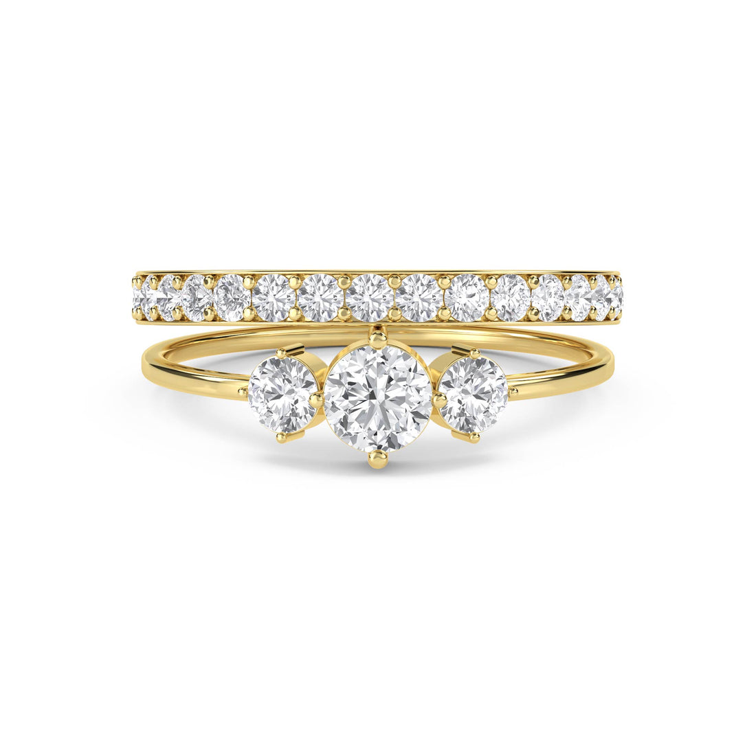 Three Stone Diamond Ring with Diamond Band - Yellow Gold - Pose 1
