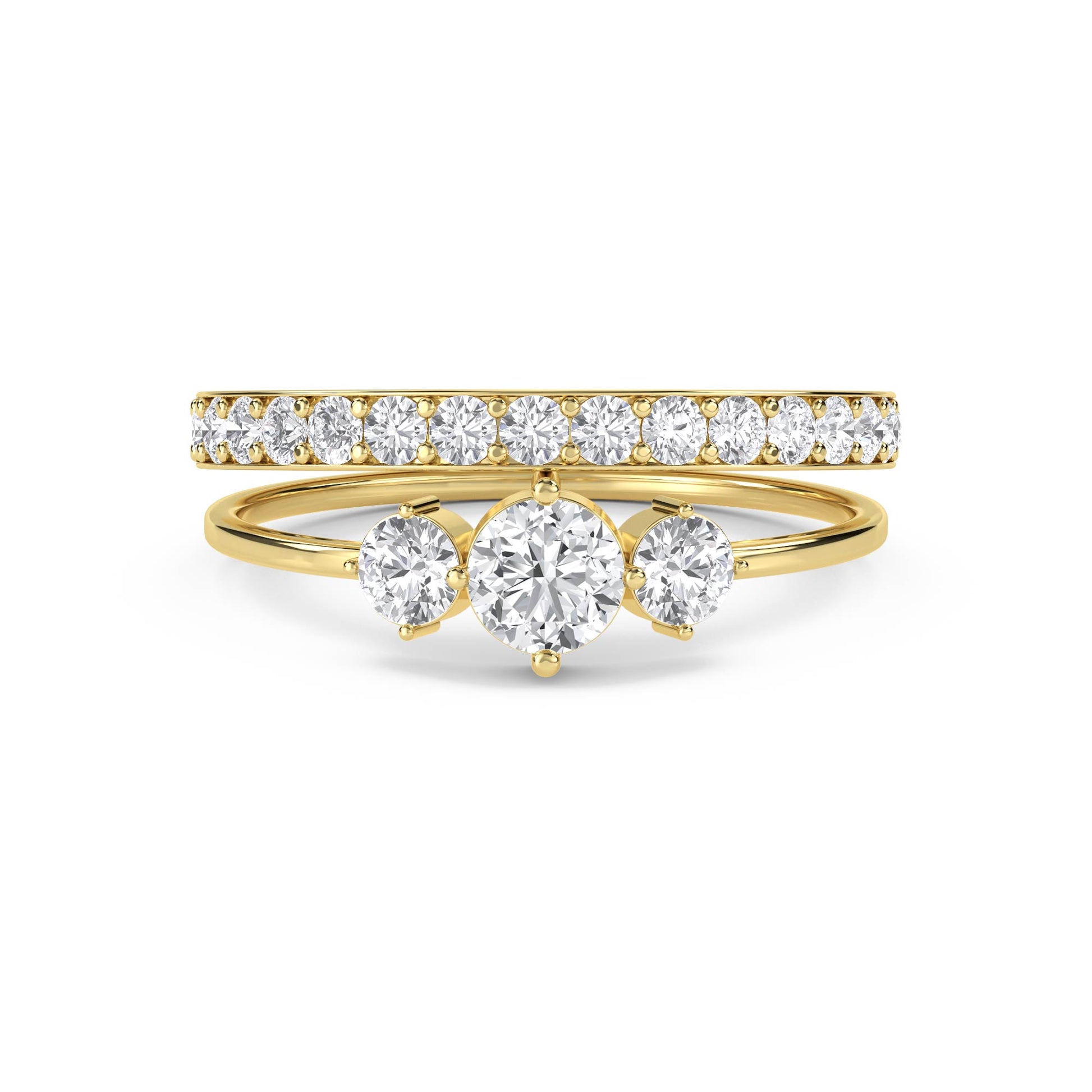 Three Stone Diamond Ring with Diamond Band - Yellow Gold - Pose 1