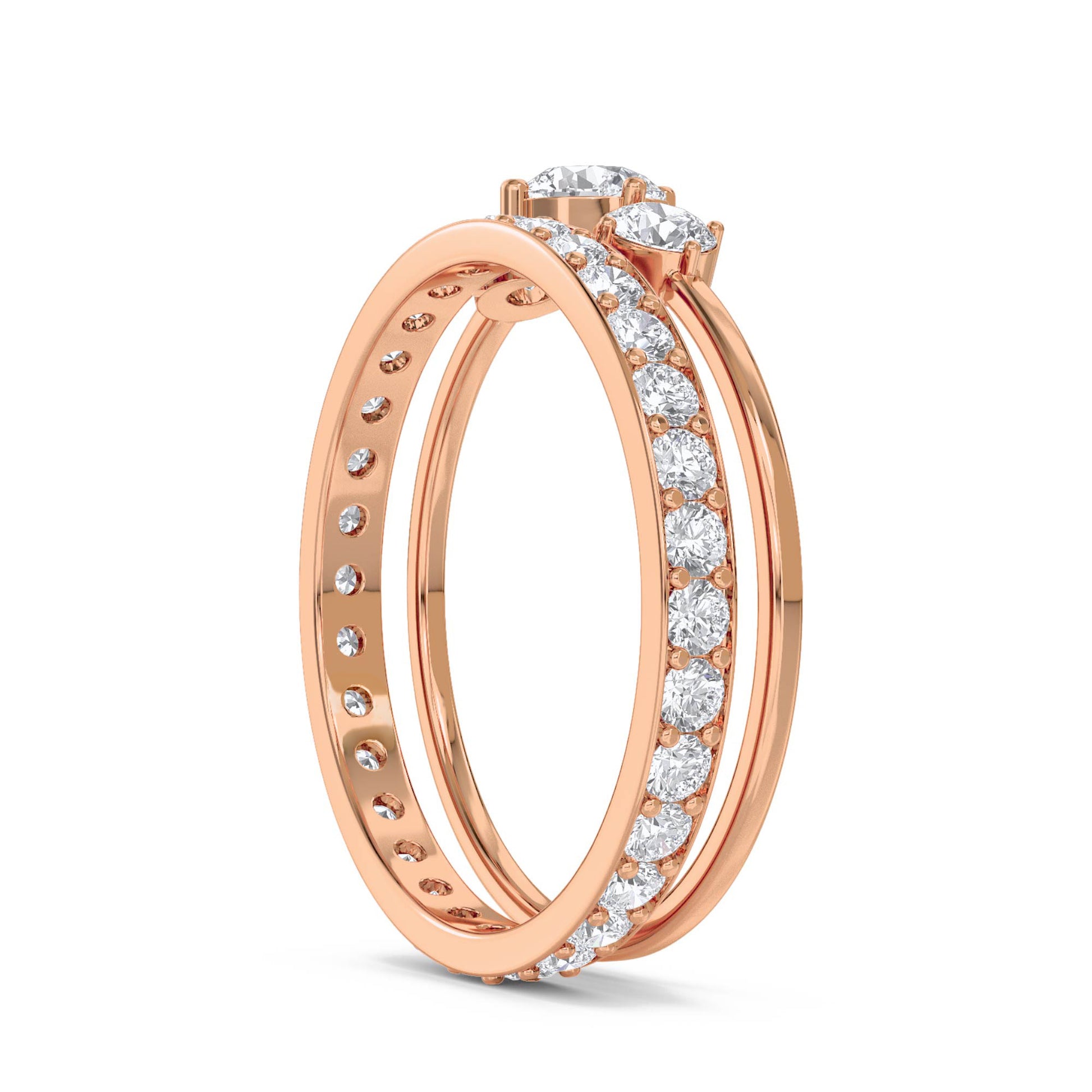 Three Stone Diamond Ring with Diamond Band - Rose Gold - Pose 2