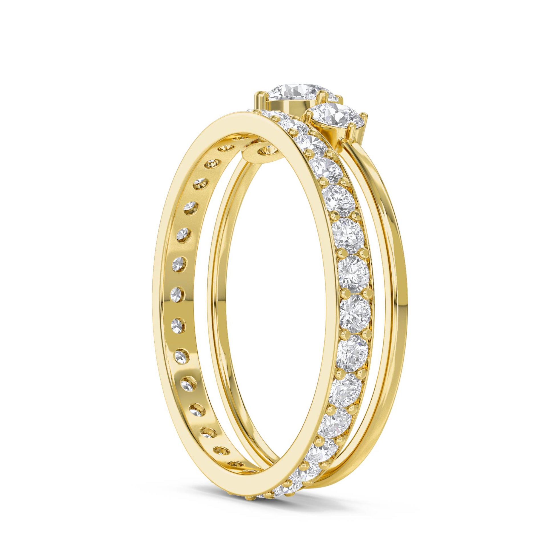 Three Stone Diamond Ring with Diamond Band - Yellow Gold - Pose 2