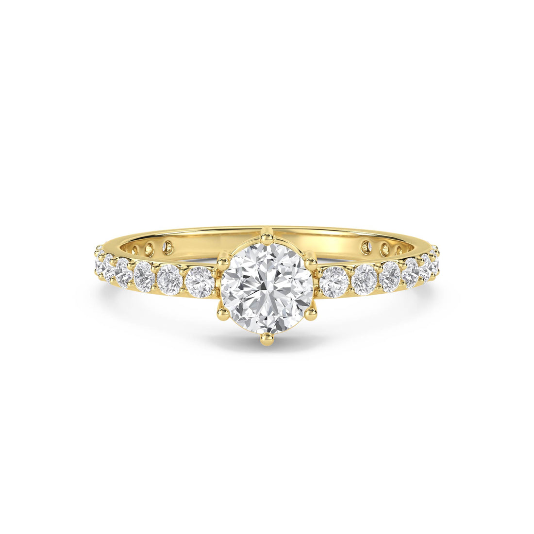 Diamond Solitaire Ring with Pavé Band - Yellow Gold - Pose 1