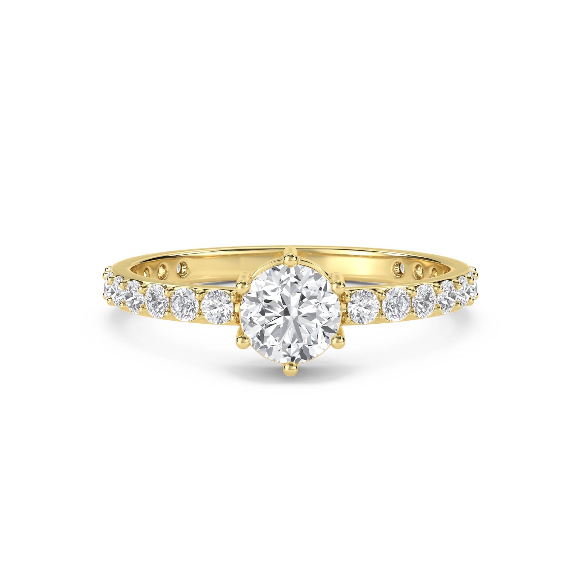Diamond Solitaire Ring with Pavé Band - Yellow Gold - Pose 1