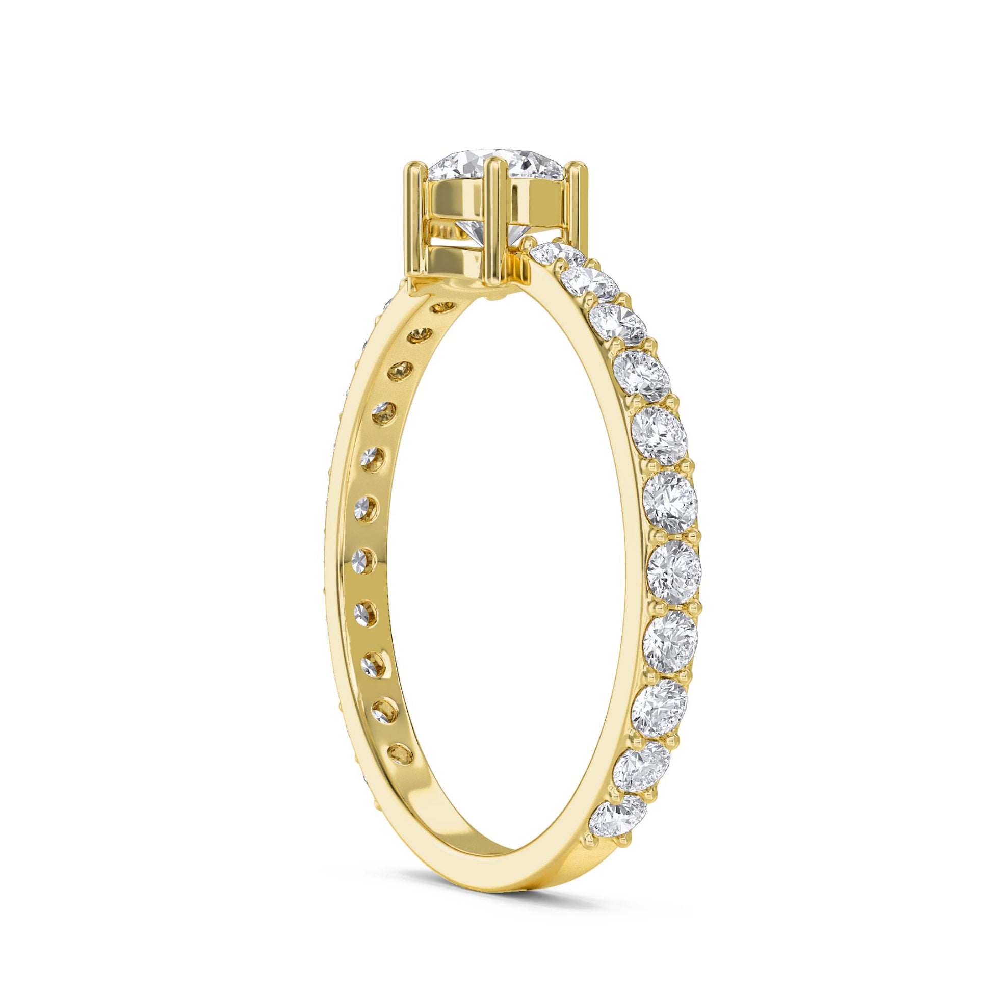 Diamond Solitaire Ring with Pavé Band - Yellow Gold - Pose 2