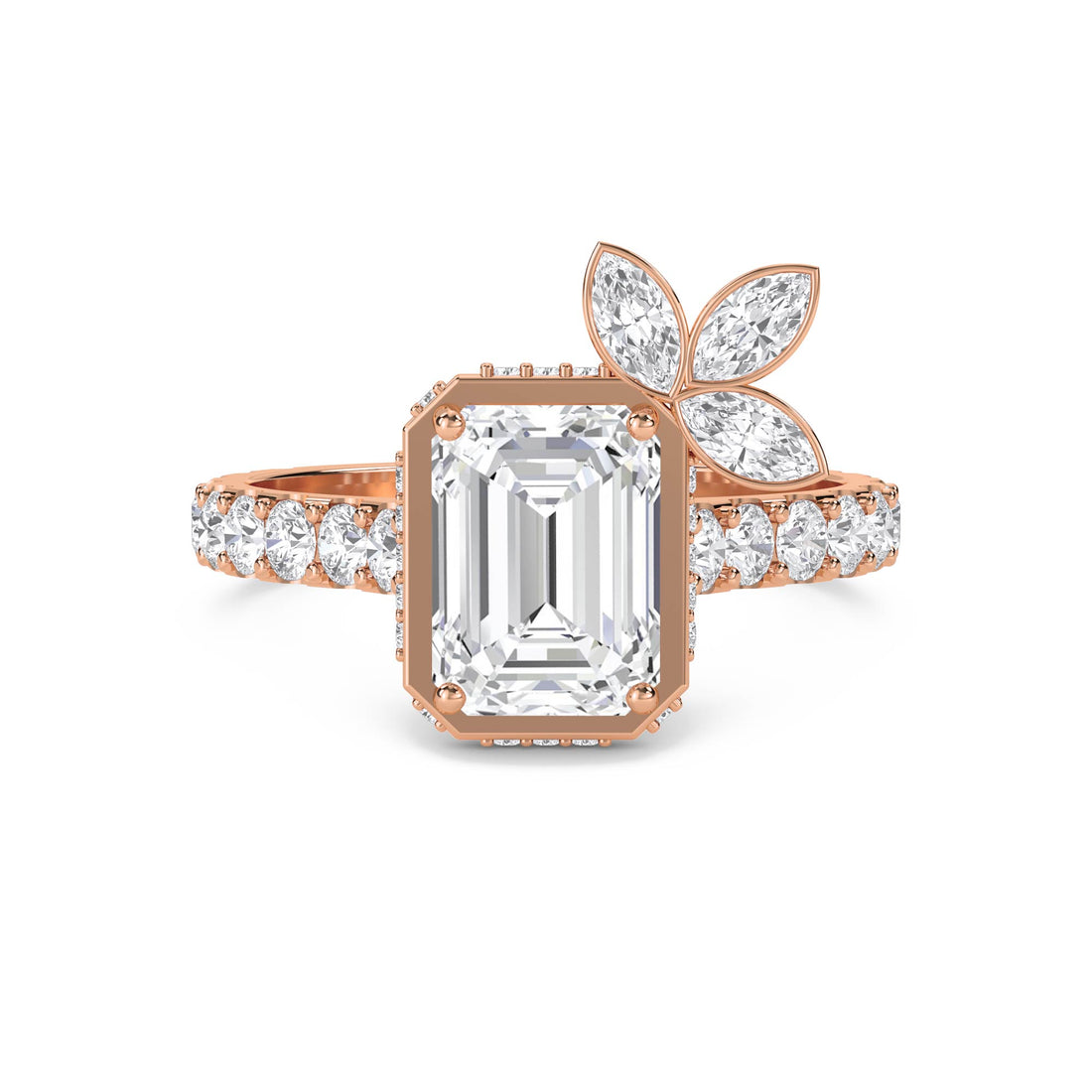 Emerald Cut Diamond Ring with Marquise Leaf Accent