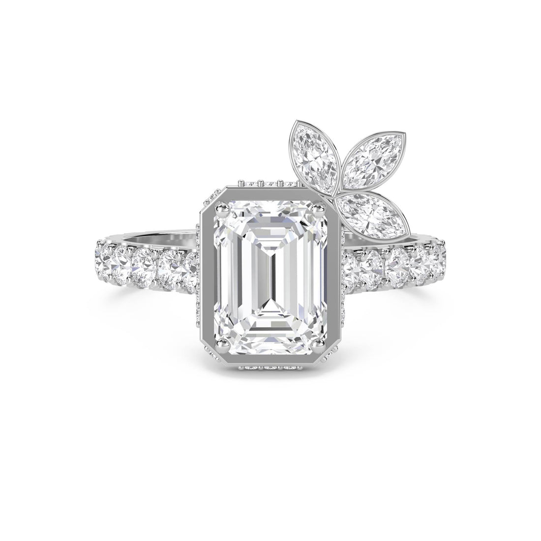 Emerald Cut Diamond Ring with Marquise Leaf Accent