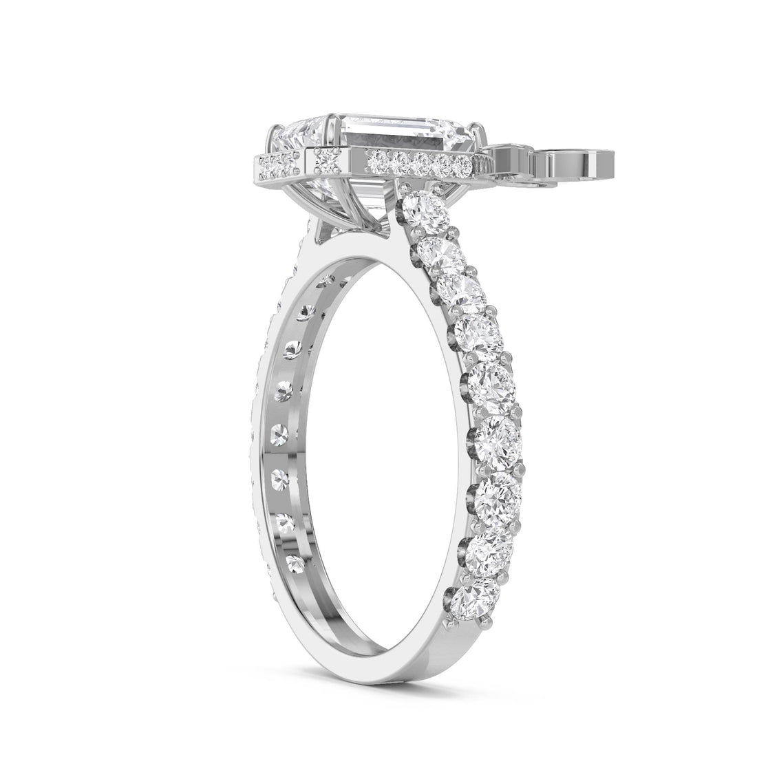 Emerald Cut Diamond Ring with Marquise Leaf Accent (Silver)