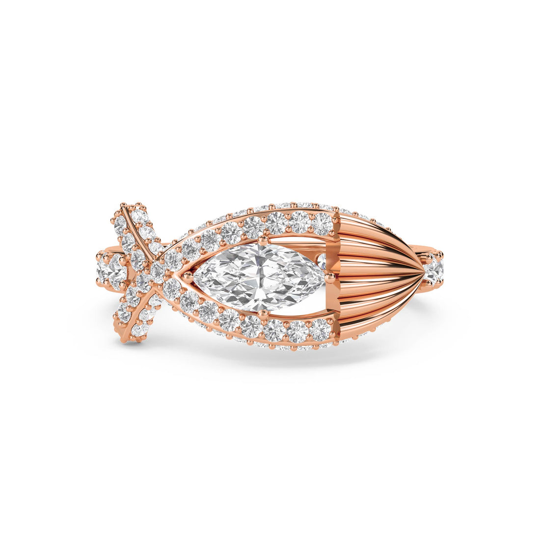 Marquise Diamond Ring with Sculptural Crossover Halo - Rose Gold - Pose 1