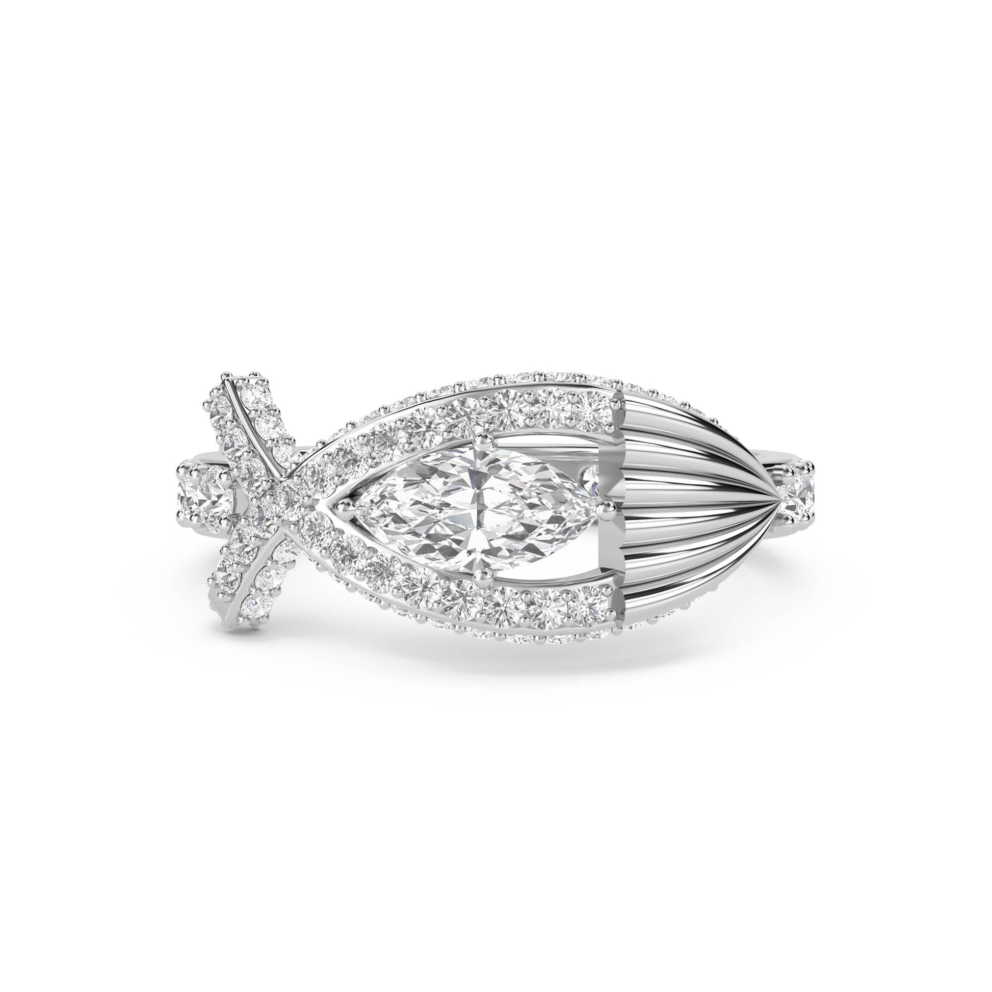 Marquise Diamond Ring with Sculptural Crossover Halo - White Gold - Pose 1