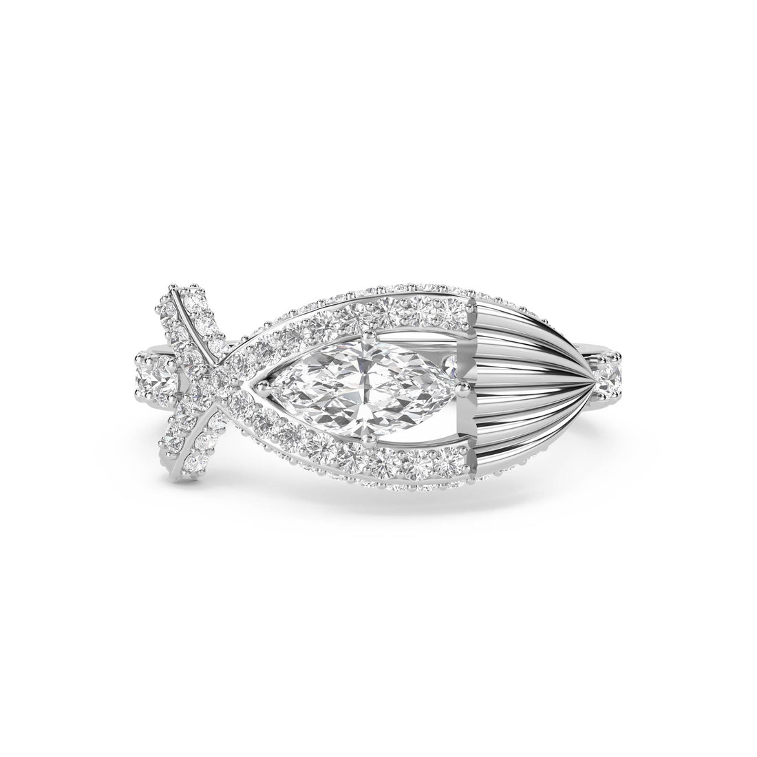 Marquise Diamond Ring with Sculptural Crossover Halo (Silver) - image 1