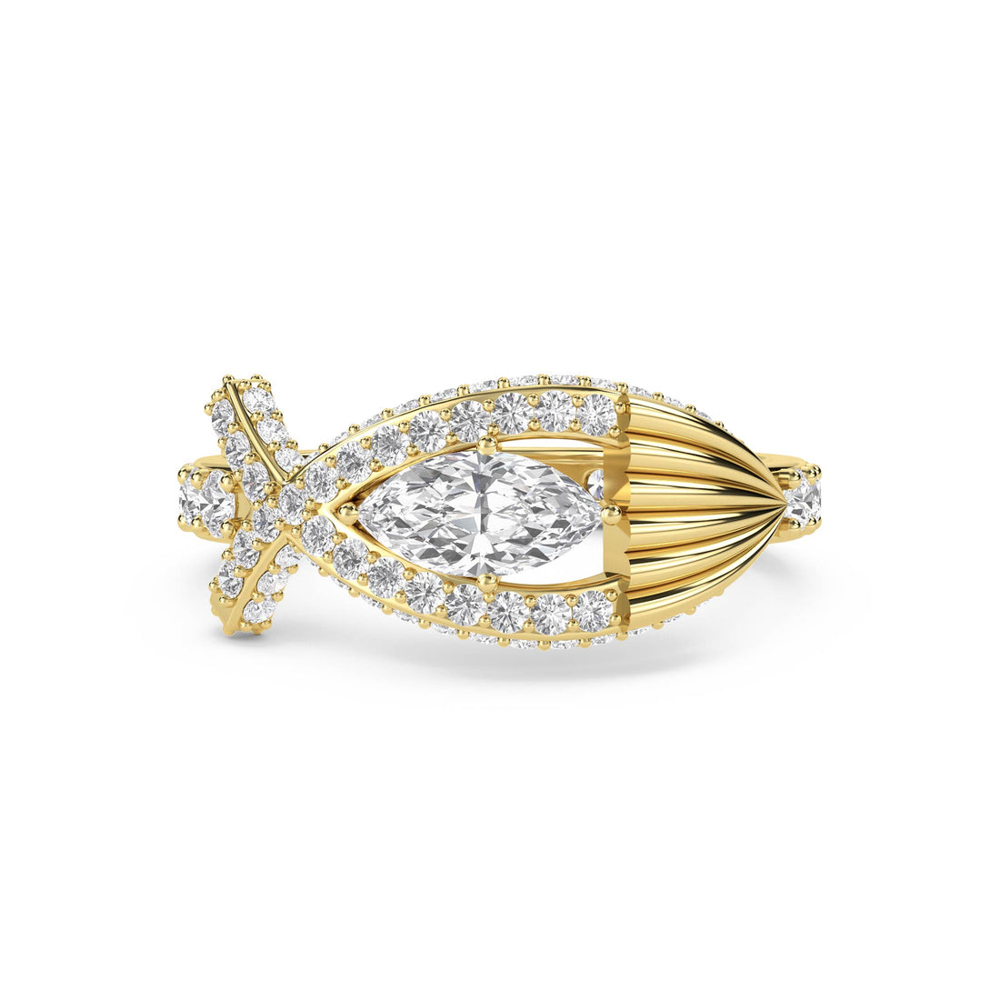 Marquise Diamond Ring with Sculptural Crossover Halo - Yellow Gold - Pose 1