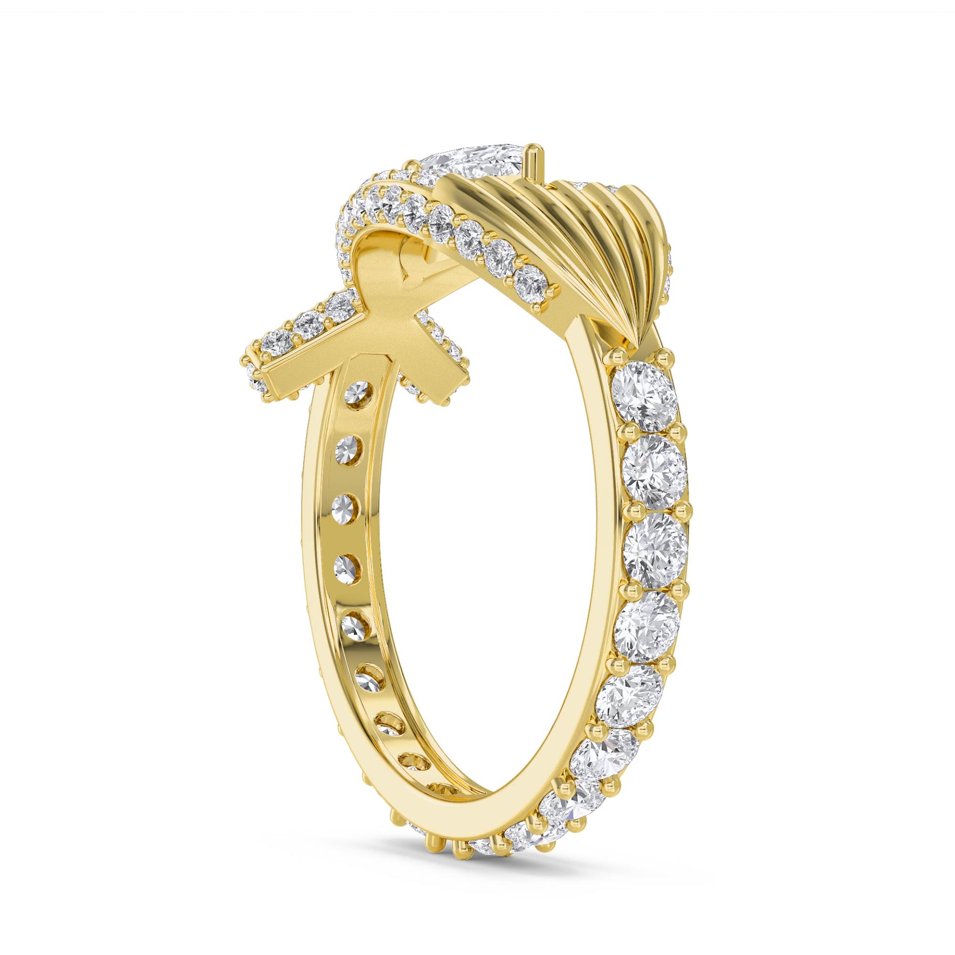 Marquise Diamond Ring with Sculptural Crossover Halo - Yellow Gold - Pose 2