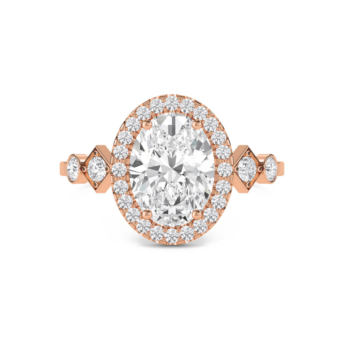 Oval Diamond Halo Ring with Geometric Diamond Accents