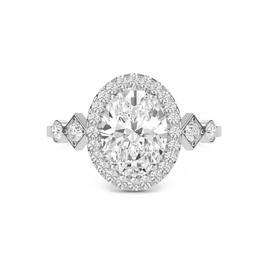 Oval Diamond Halo Ring with Geometric Diamond Accents