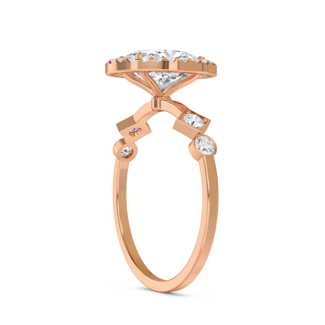 Oval Diamond Halo Ring with Geometric Diamond Accents