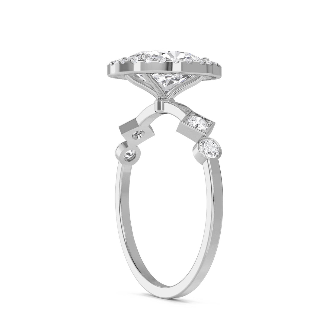 Oval Diamond Halo Ring with Geometric Diamond Accents (Silver)