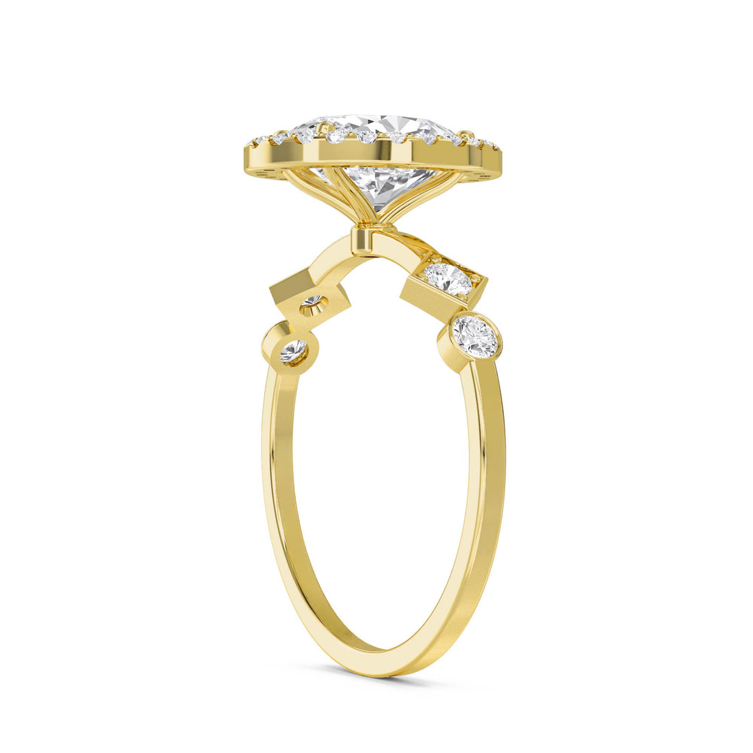 Oval Diamond Halo Ring with Geometric Diamond Accents