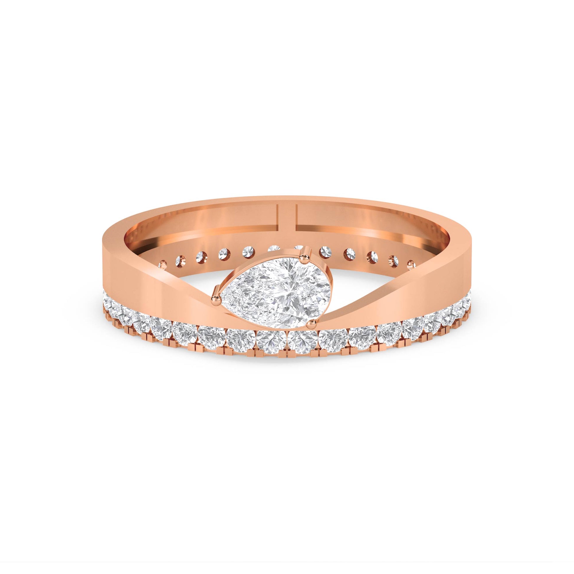 Pear Diamond Ring with Diamond-Lined Band - Rose Gold - Pose 1