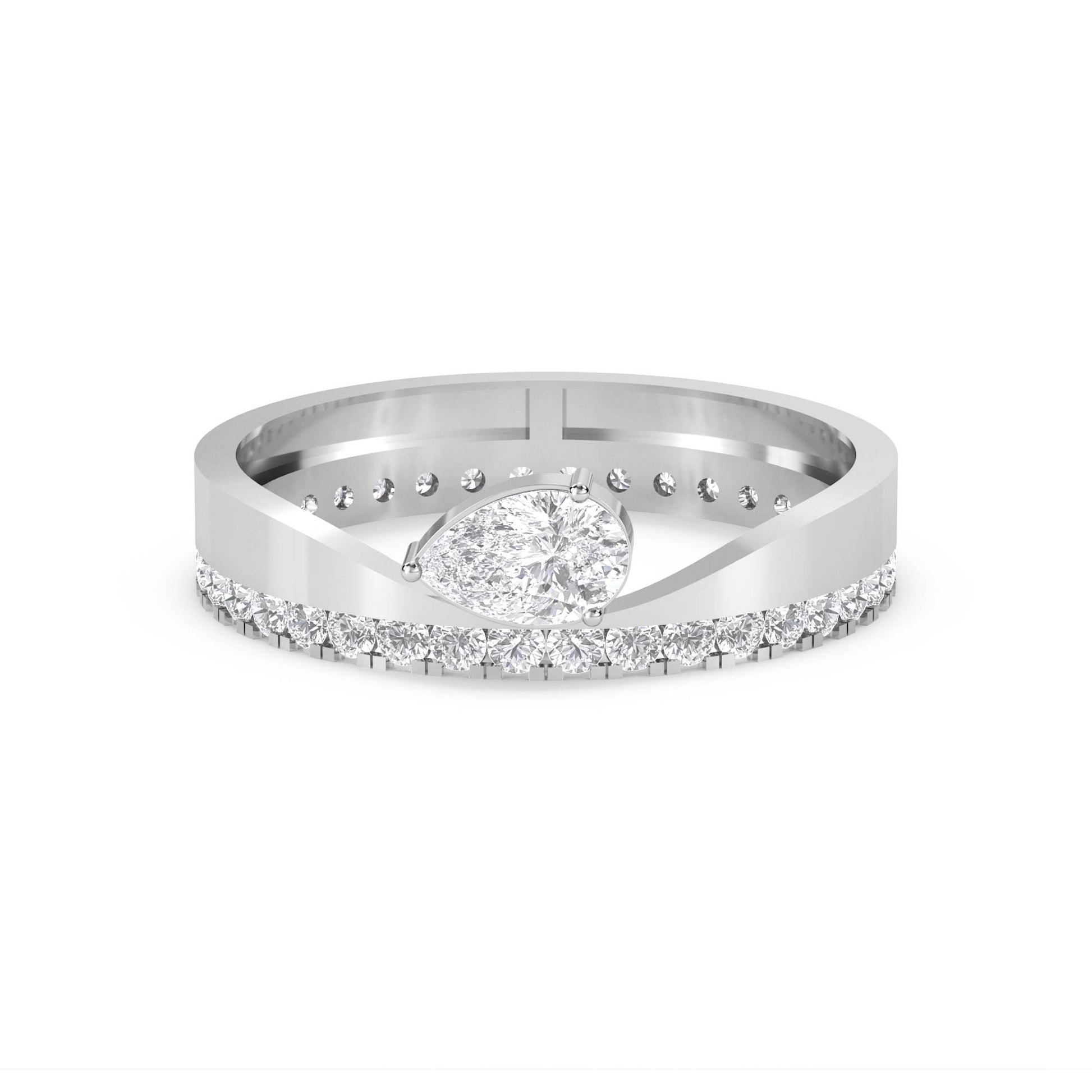 Pear Diamond Ring with Diamond-Lined Band - White Gold - Pose 1