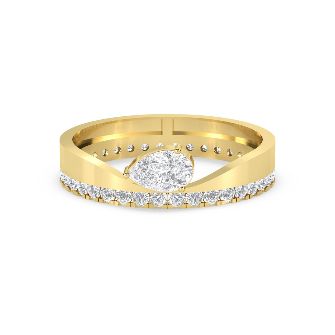 Pear Diamond Ring with Diamond-Lined Band - Yellow Gold - Pose 1