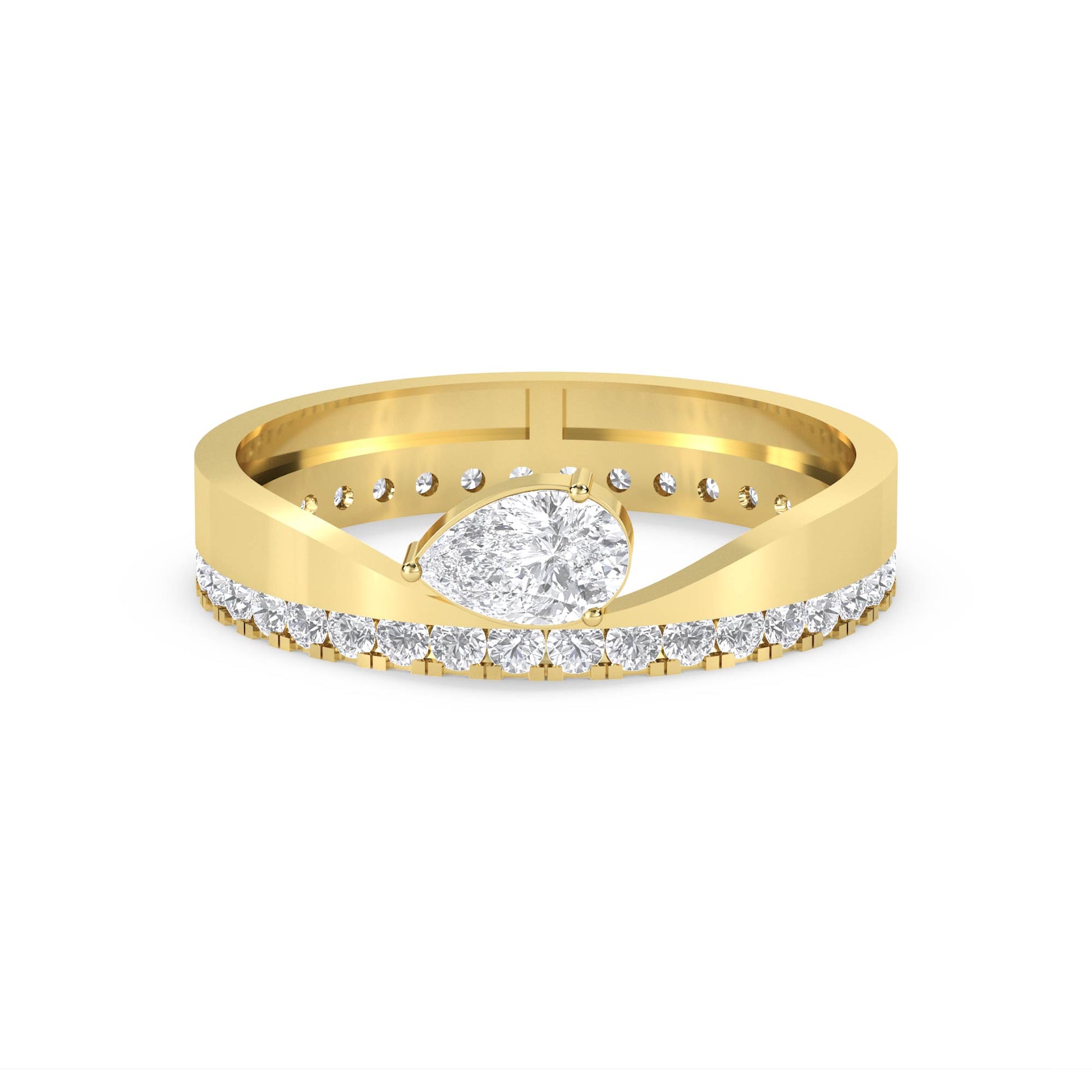 Pear Diamond Ring with Diamond-Lined Band - Yellow Gold - Pose 1