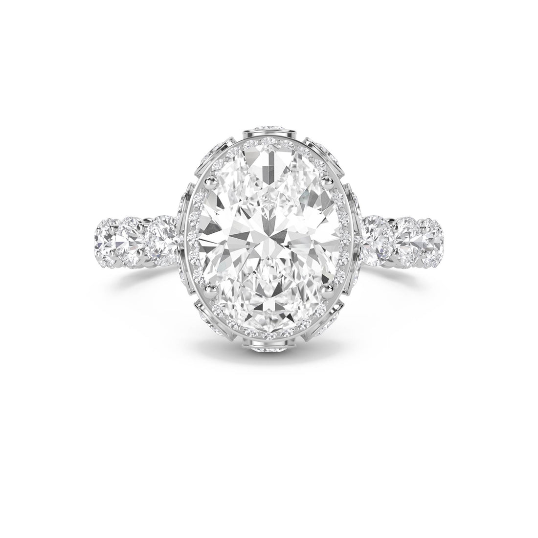 Oval Lab Grown Diamond Halo Ring with Round Side Stones (Silver)