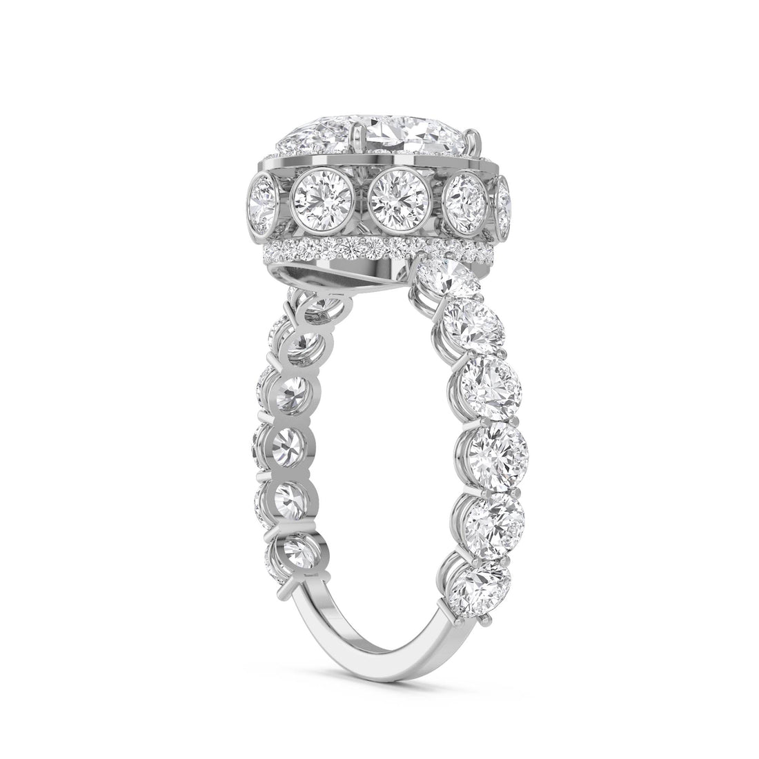 Oval Lab Grown Diamond Halo Ring with Round Side Stones (Silver)